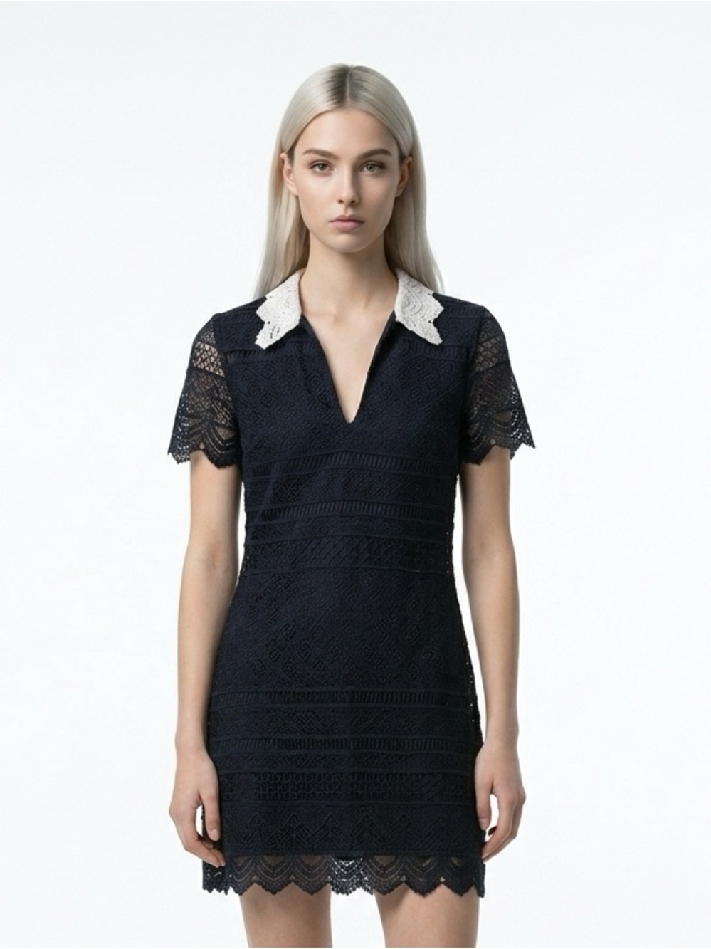 Zara Woman Black Lace Crochet Dress White Lace Collar V Neck Short Sleeve M 324